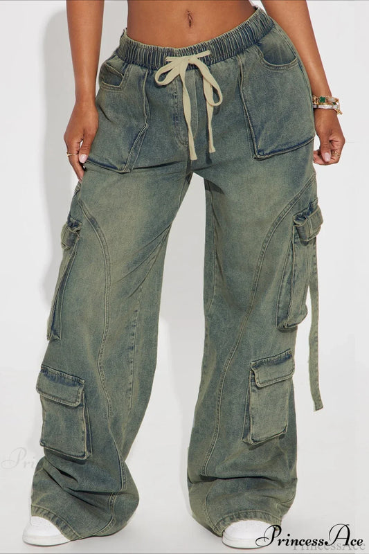 Y2K Street Hip-Hop Denim Cargo Pants Sea Blue / S